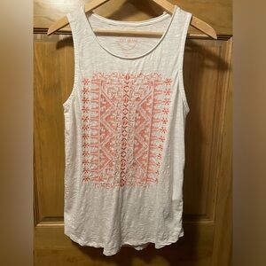 Lucky Brand White Tank Top with Coral Geometric Embroidery Medium